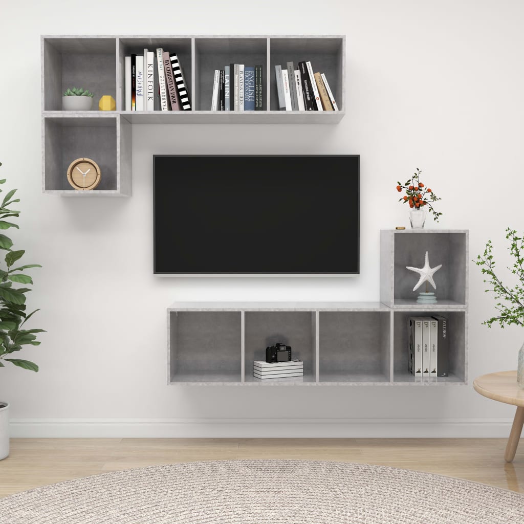 Ensemble de meubles TV 4 pièces en béton gris à base de bois