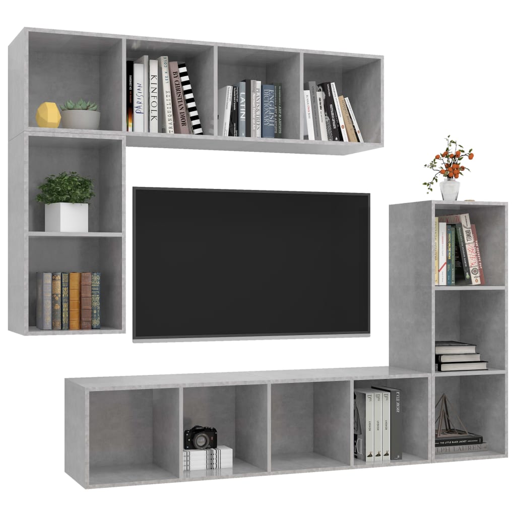 Ensemble de meubles TV 4 pièces en béton gris à base de bois