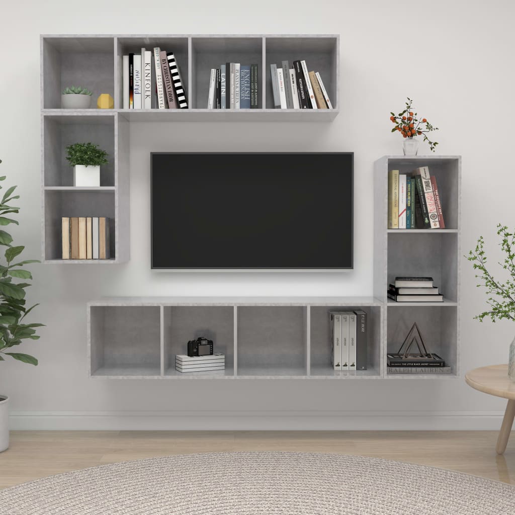 Ensemble de meubles TV 4 pièces en béton gris à base de bois