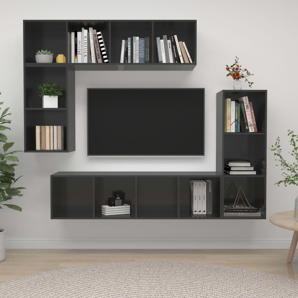 Ensemble de meubles TV 4 pièces, gris brillant, matériau à base de bois