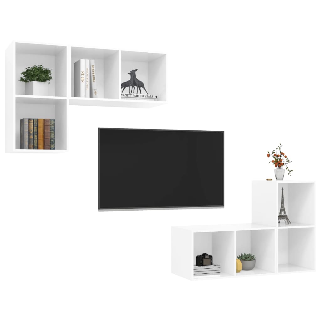 TV wall cabinets 4 pcs. High-gloss white wood material