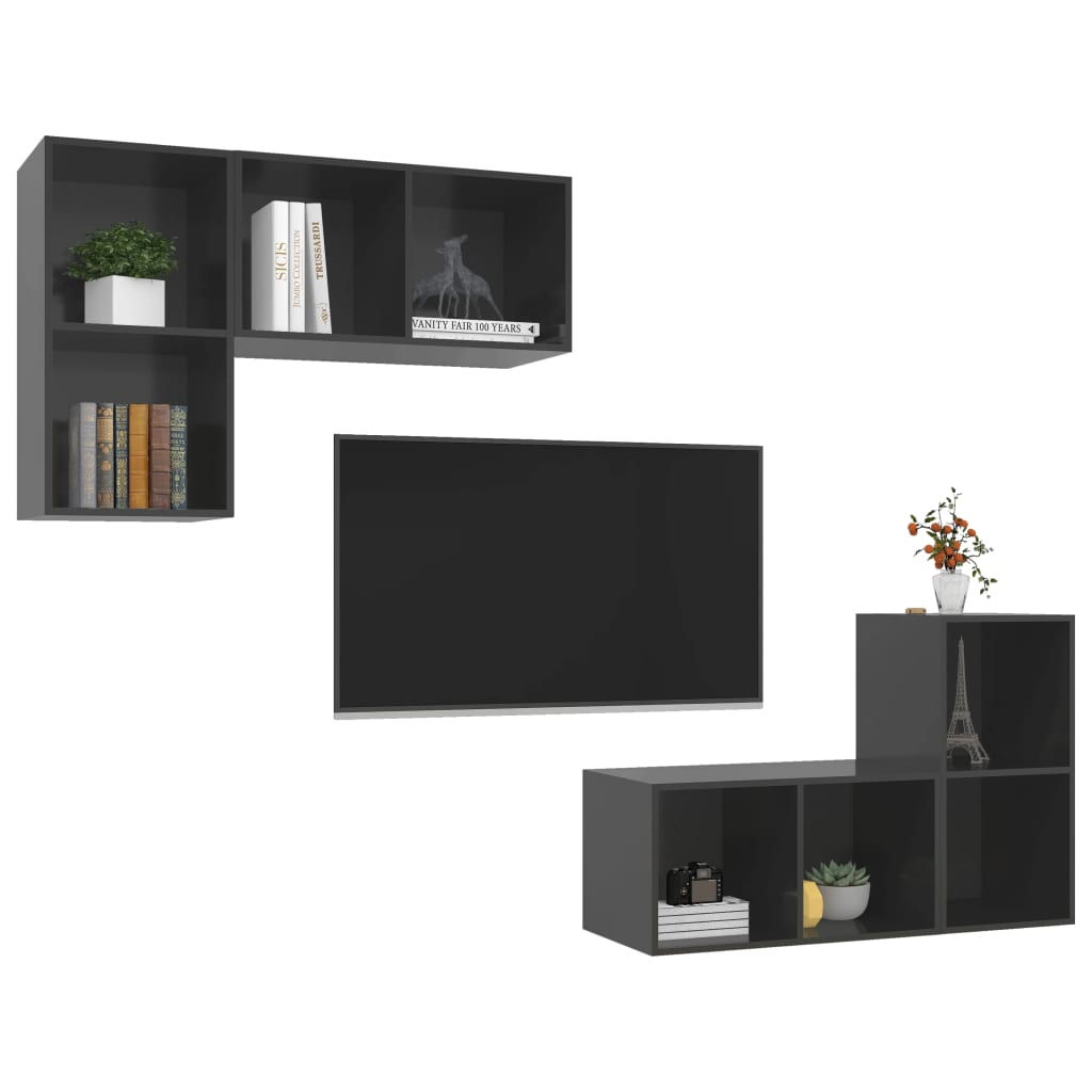 TV wall cabinets 4 pcs. High-gloss grey wood material