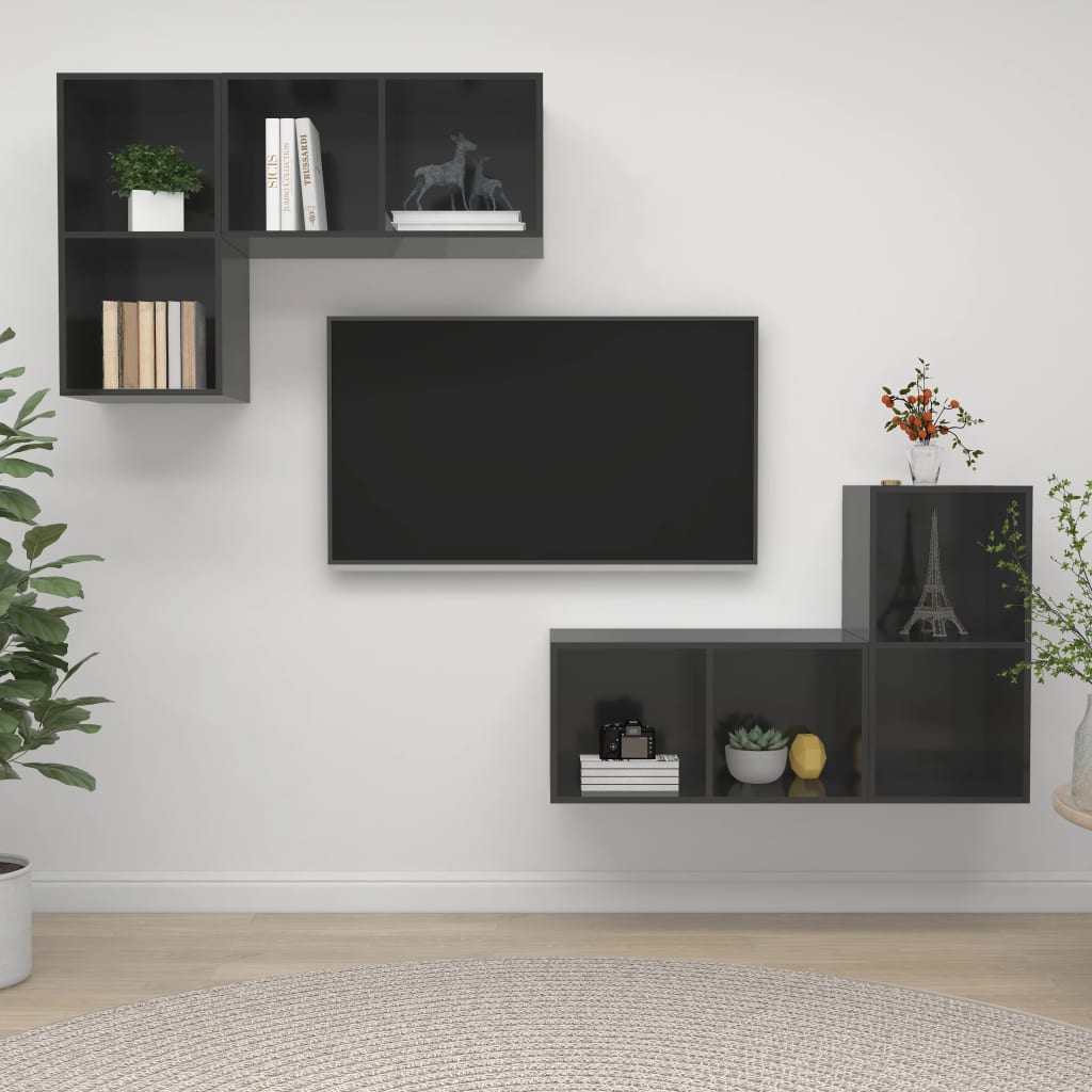 TV wall cabinets 4 pcs. High-gloss grey wood material