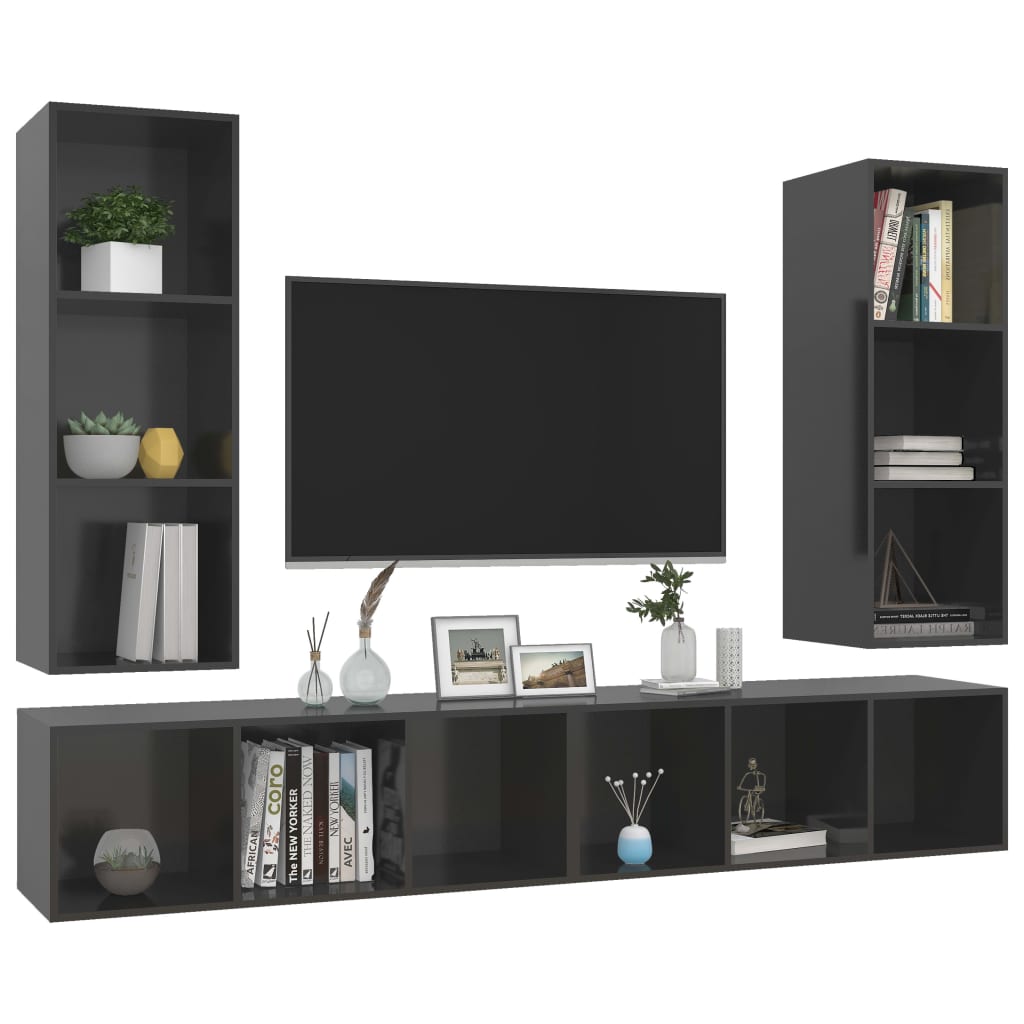 TV wall cabinets 4 pcs. High-gloss grey wood material