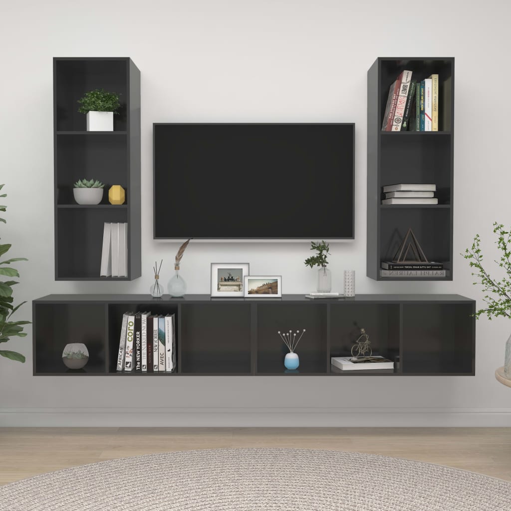 TV wall cabinets 4 pcs. High-gloss grey wood material