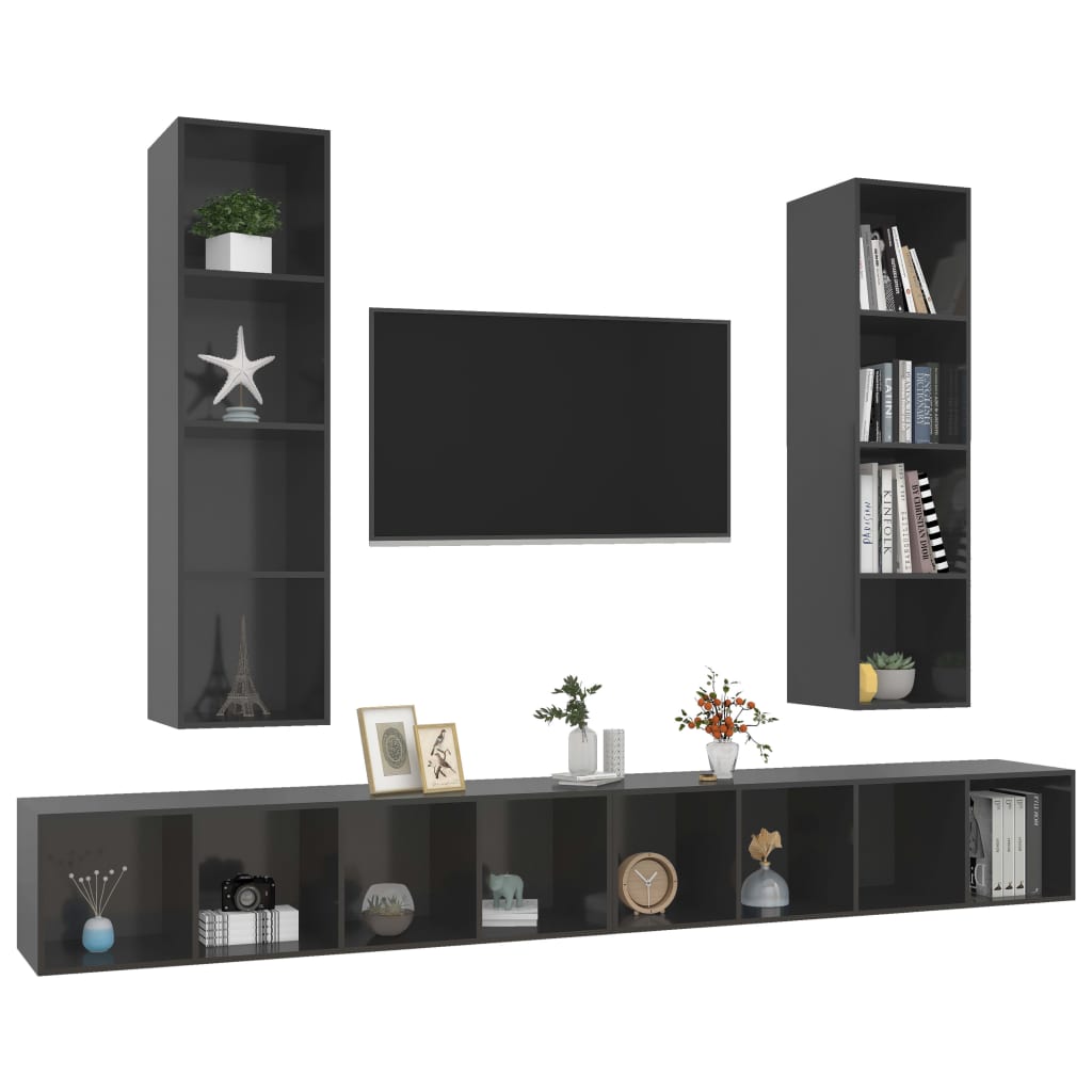 TV wall cabinets 4 pcs. High-gloss grey wood material