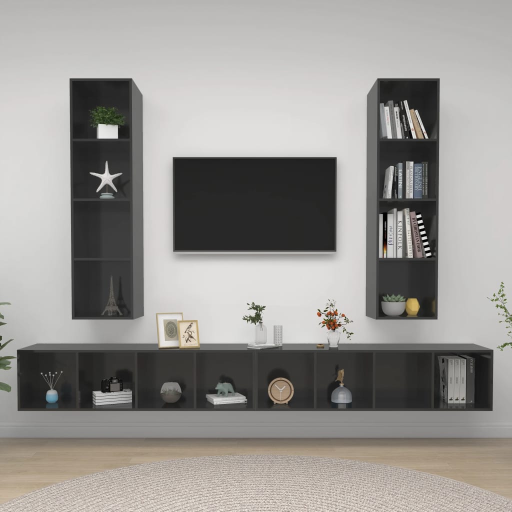 TV wall cabinets 4 pcs. High-gloss grey wood material