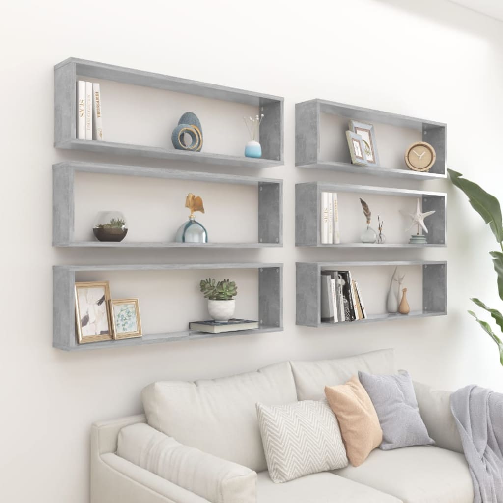 Étagères cubiques, lot de 6, gris béton, 100 x 15 x 30 cm, en bois
