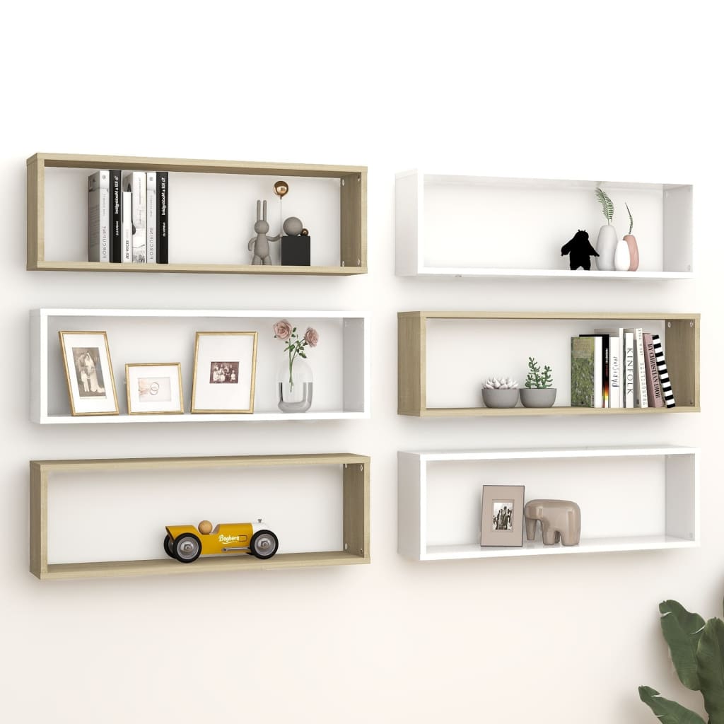 Étagères cubiques, 6 pièces, chêne Sonoma blanc, 80 x 15 x 26,5 cm, matériau bois