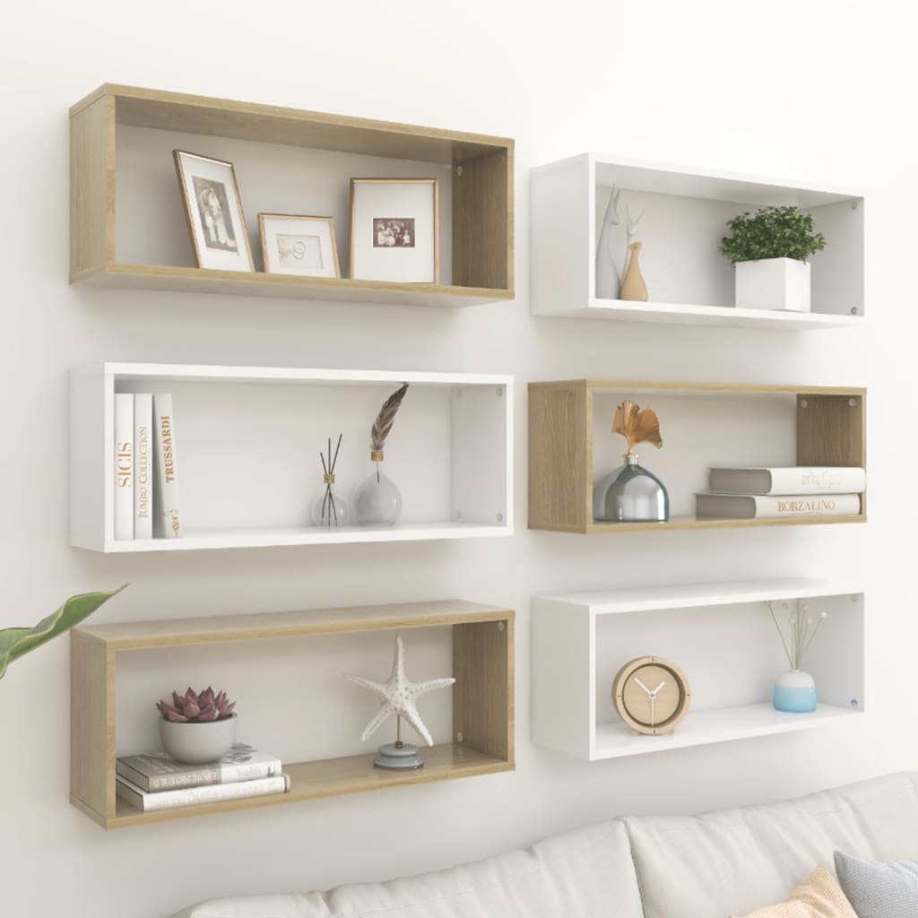 Würfelregale 6 Stk. Weiß Sonoma-Eiche 60x15x23cm Holzwerkstoff
