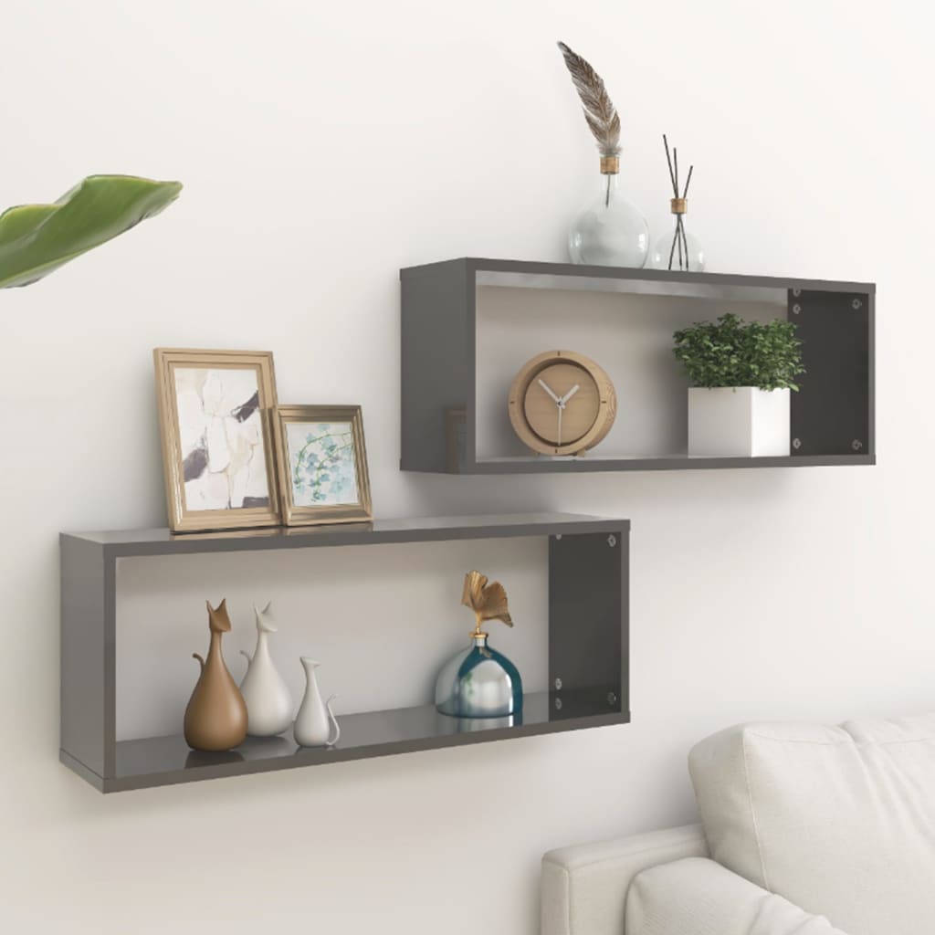 Cube shelves 2 pcs. High-gloss grey 60x15x23 cm wood-based material