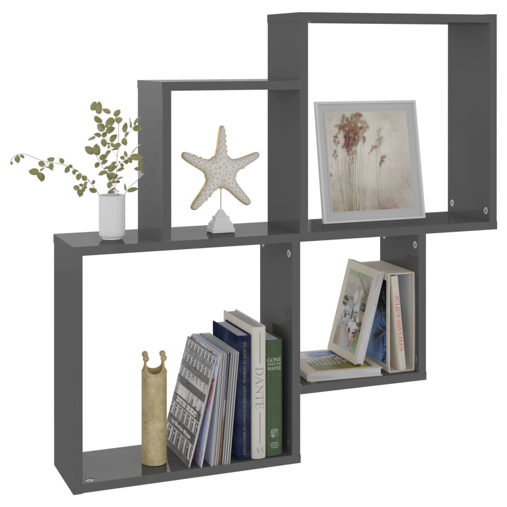 Cube shelf high-gloss grey 80x15x78.5 cm wood-based material
