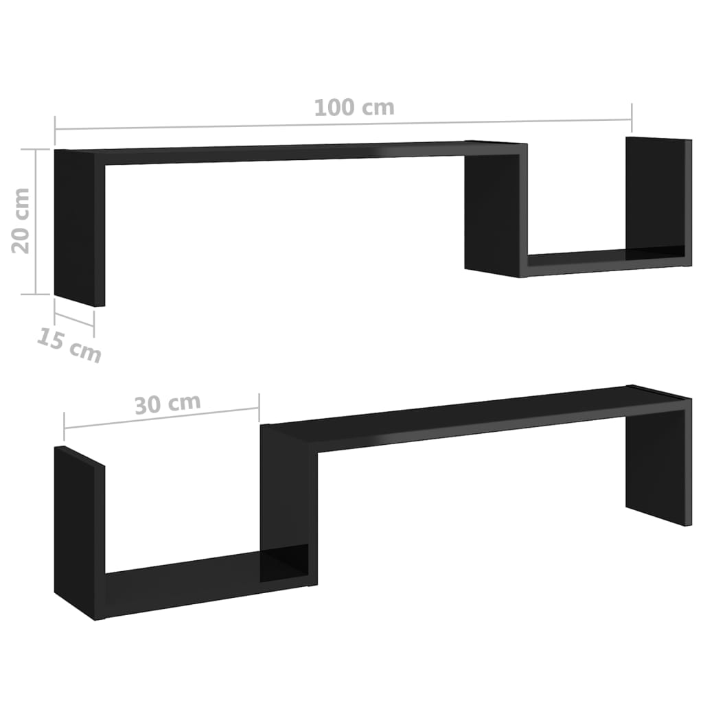 Wandregale 2 Stk. Hochglanz-Schwarz 100x15x20 cm Holzwerkstoff