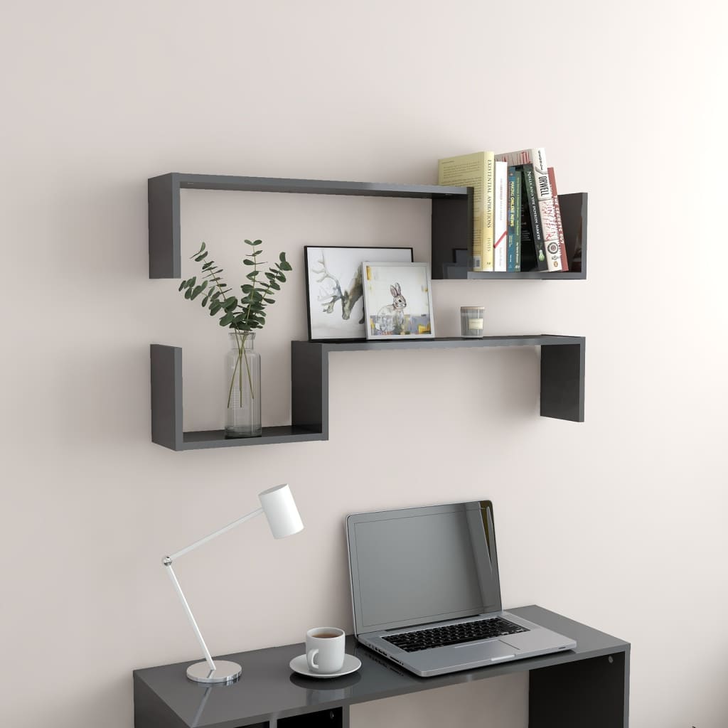Wandregale 2 Stk. Hochglanz-Grau 100x15x20 cm Holzwerkstoff