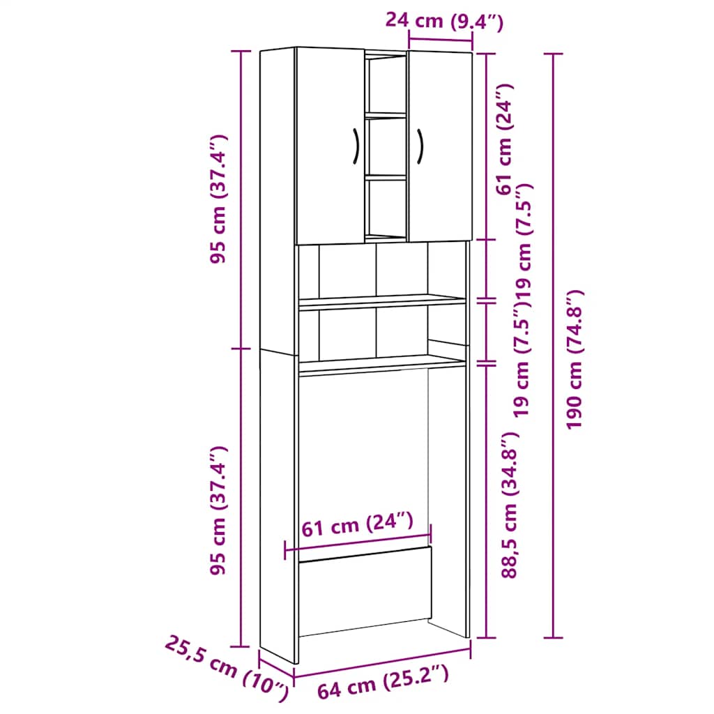 Waschmaschinenschrank Hochglanz-Schwarz 64x25,5x190 cm