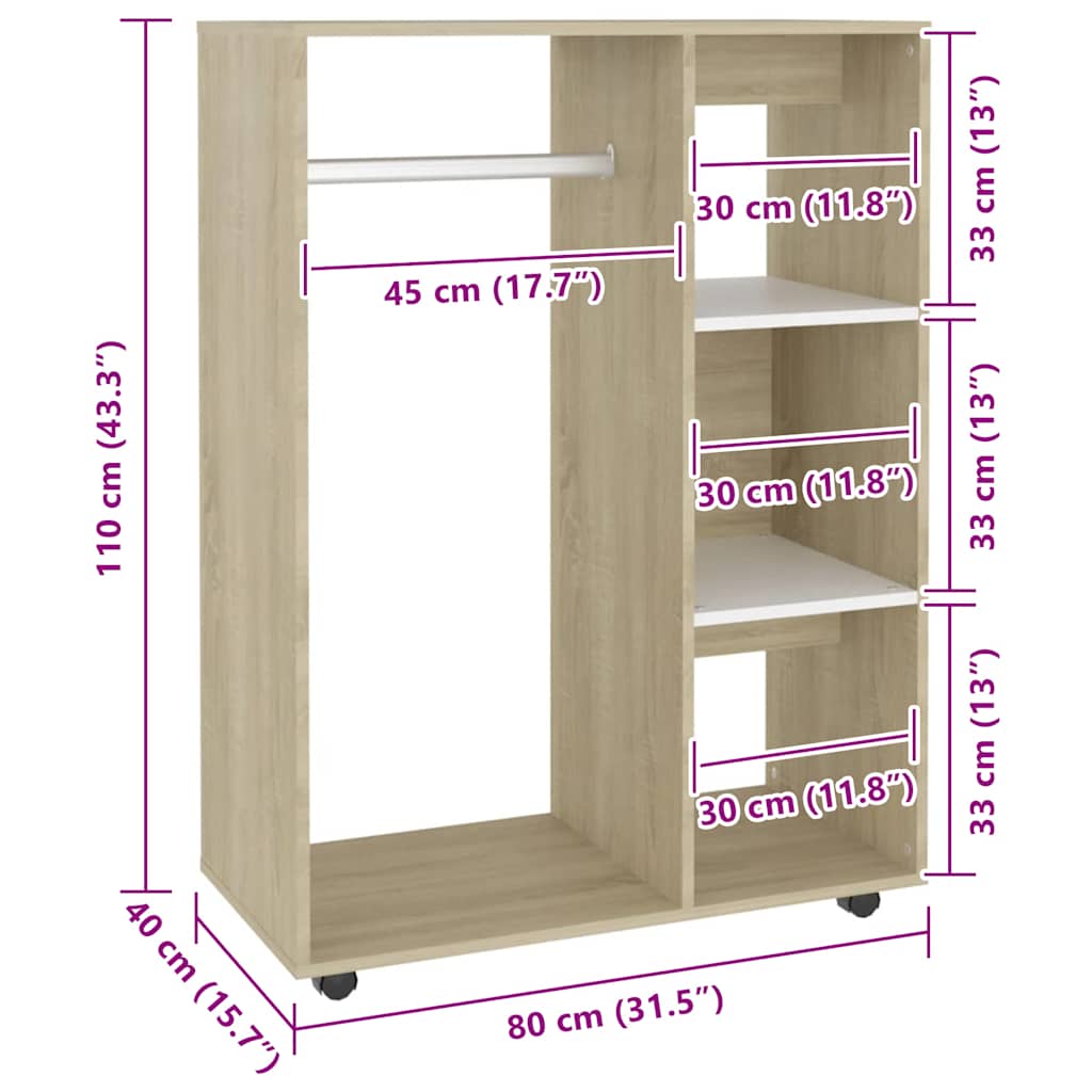 Kleiderschrank Weiß Sonoma-Eiche 80x40x110 cm Holzwerkstoff