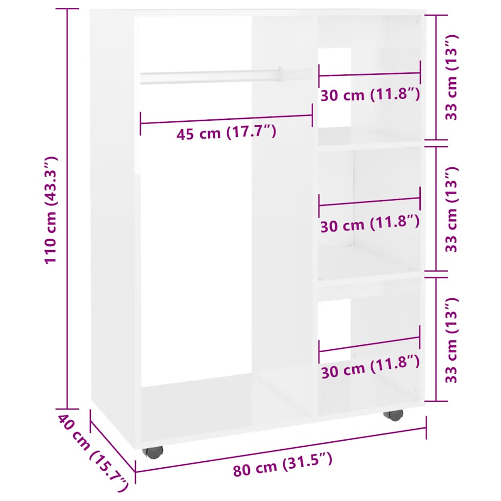 Kleiderschrank Hochglanz-Weiß 80x40x110 cm Holzwerkstoff