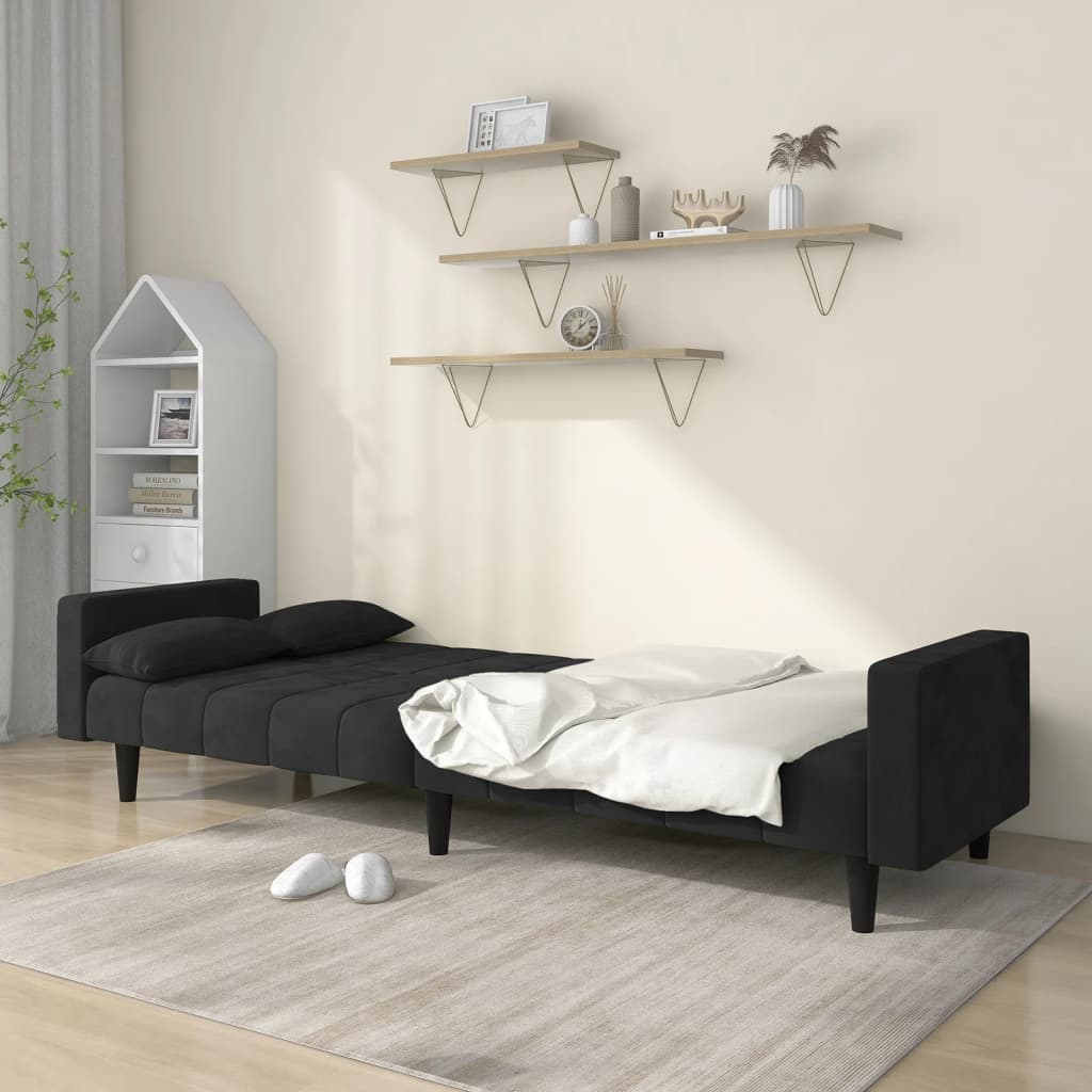 Schlafsofa 2-Sitzer mit 2 Kissen Schwarz Samt