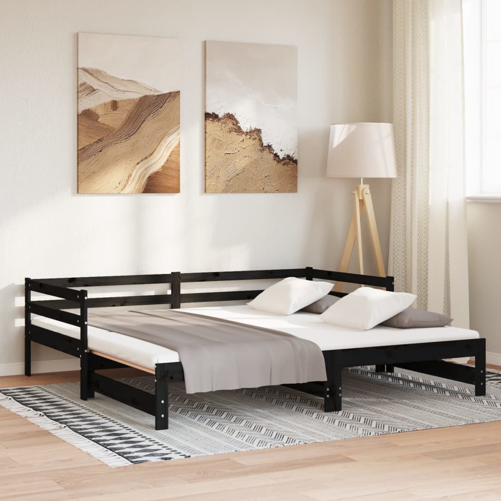 Ausziehbares Tagesbett Schwarz Massivholz Kiefer 2x(90x200) cm