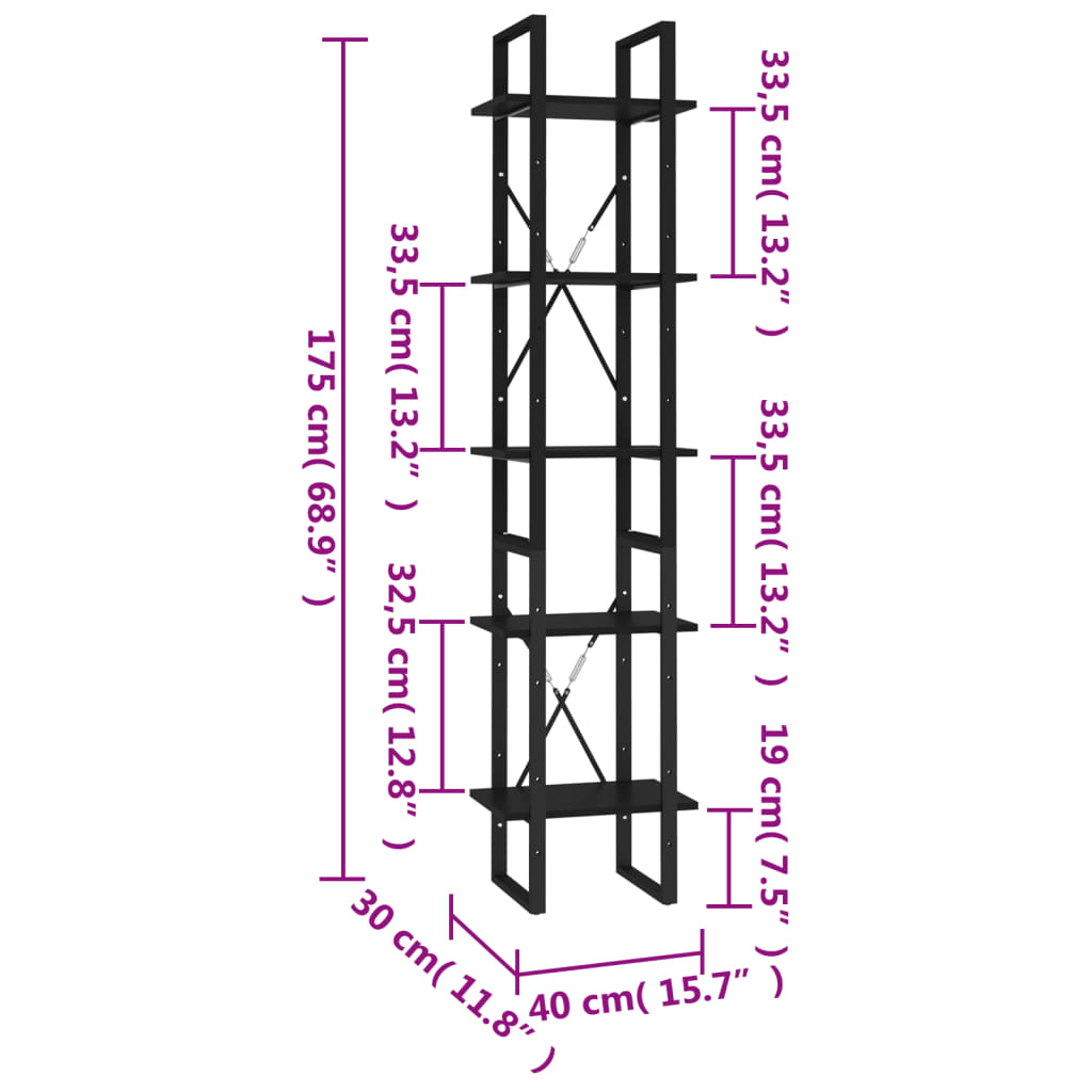 Bookcase 5 compartments black 40x30x175 cm wood material