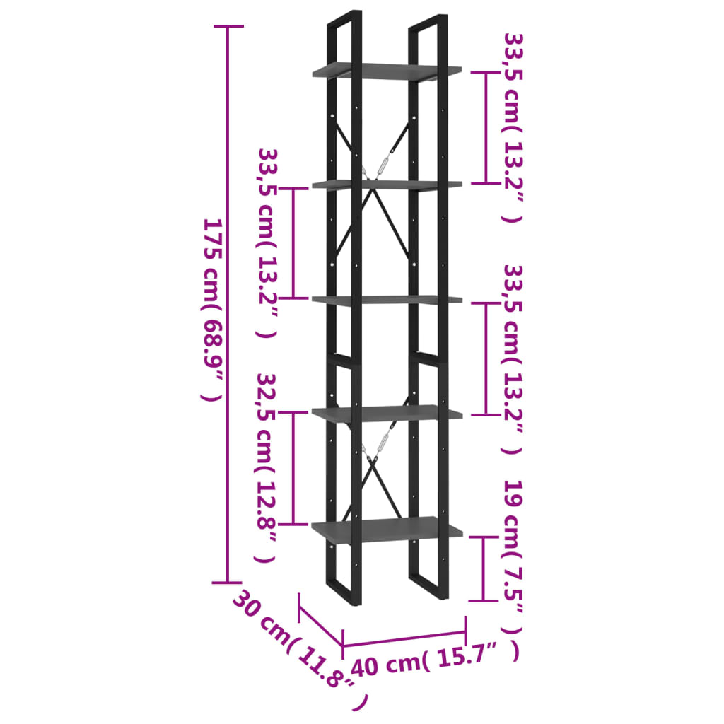 Bookcase 5 compartments grey 40x30x175 cm wood material