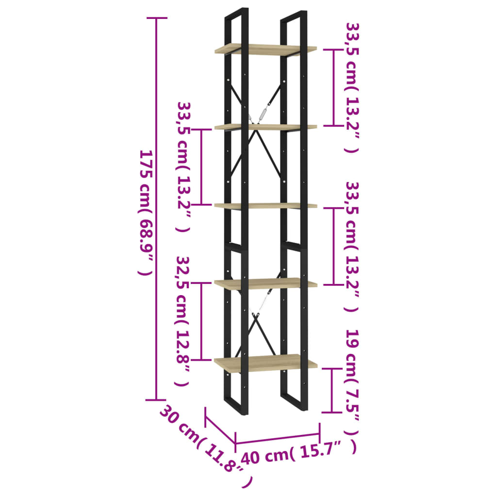 Bookcase 5 compartments Sonoma oak 40x30x175 cm wood material