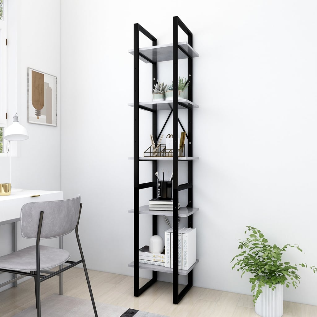 Bookcase 5 compartments concrete grey 40x30x175 cm wood material