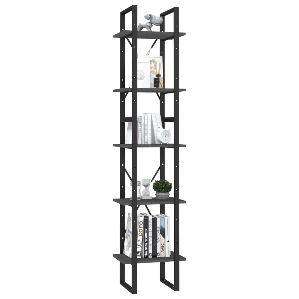 Bookcase 5 compartments grey 40x30x175 cm solid pine wood