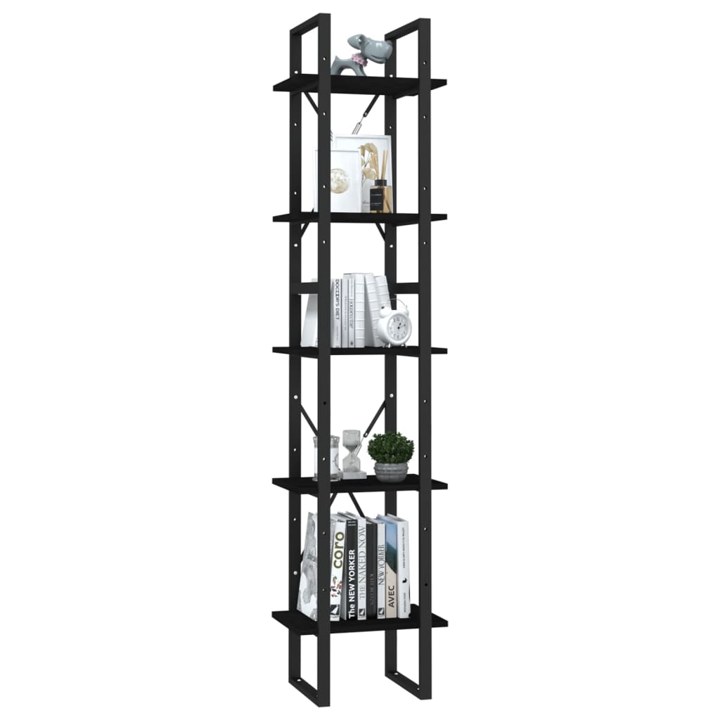 Bookcase 5 compartments black 40x30x175 cm solid pine wood