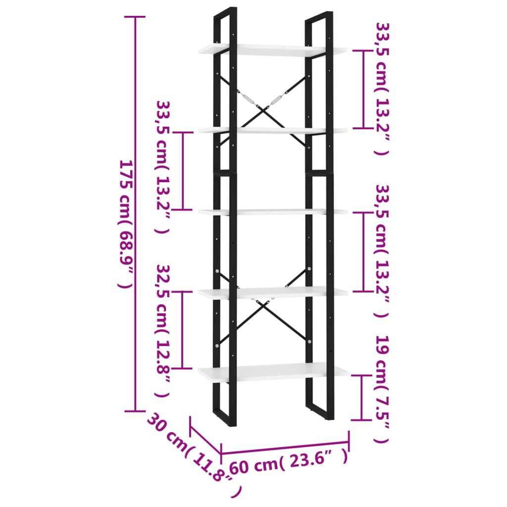 Bookcase 5 compartments white 60x30x175 cm wood material