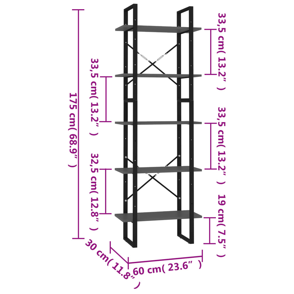 Bookcase 5 compartments grey 60x30x175 cm wood material