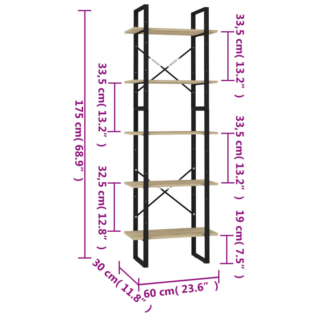 Bücherregal 5 Fächer Sonoma-Eiche 60x30x175 cm Holzwerkstoff