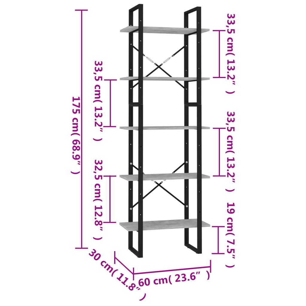 Bookcase 5 compartments concrete grey 60x30x175 cm wood material