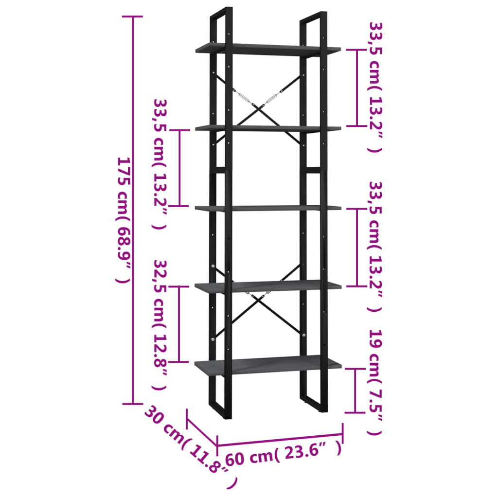 Bookcase 5 compartments grey 60x30x175 cm solid pine wood