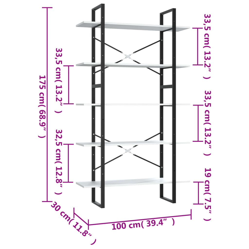 Bookcase 5 compartments white 100x30x175 cm wood material