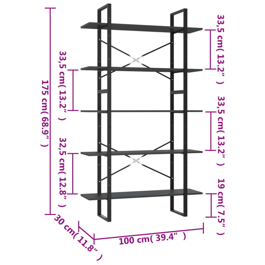 Bookcase 5 compartments grey 100x30x175 cm wood material