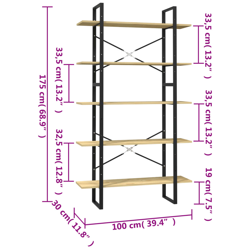 Bookcase 5 compartments 100x30x175 cm solid pine wood