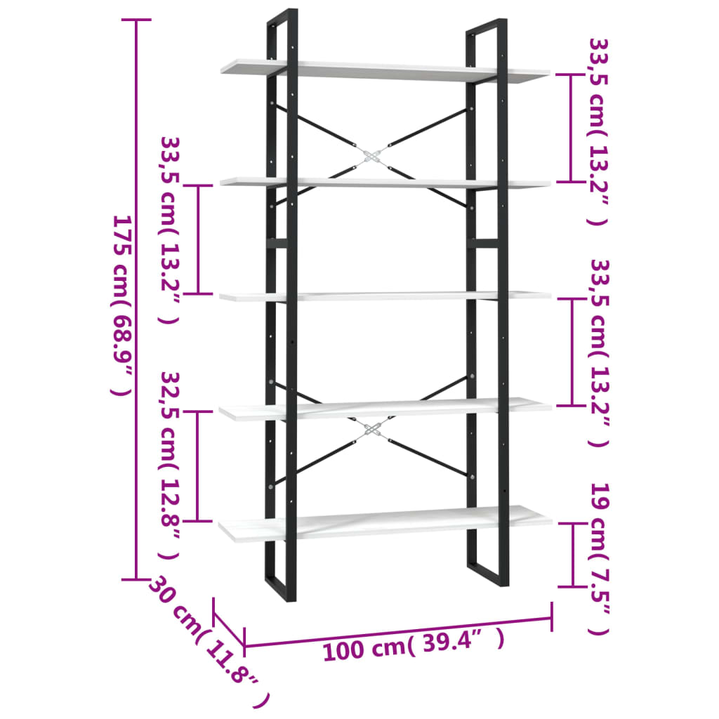 Bookcase 5 compartments white 100x30x175 cm solid pine wood