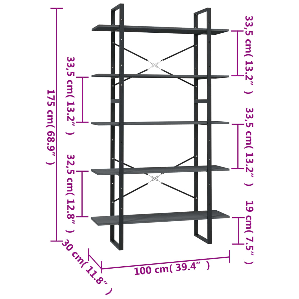 Bookcase 5 compartments grey 100x30x175 cm solid pine wood