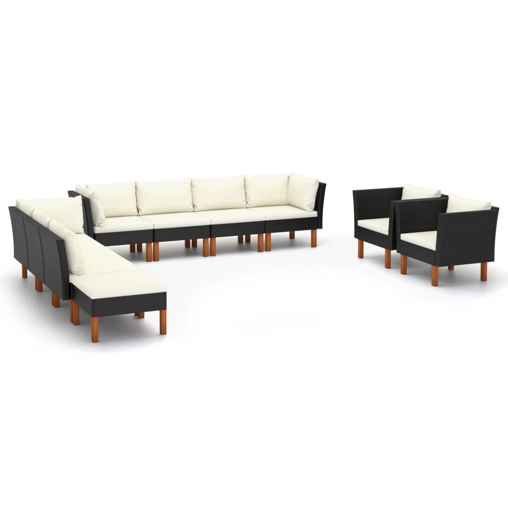 10-piece garden lounge set poly rattan eucalyptus wood black