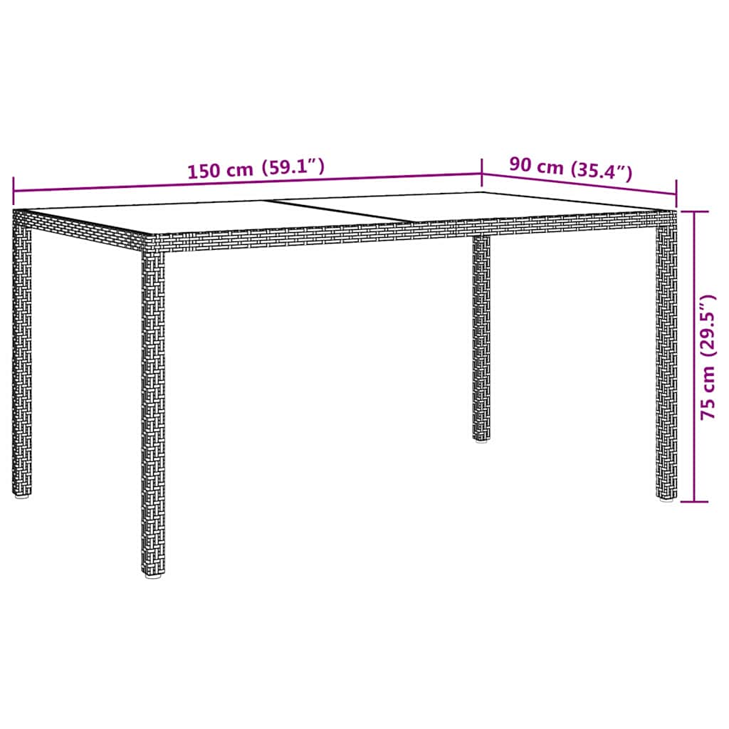 Gartentisch 150x90x75 cm Hartglas und Poly Rattan Grau
