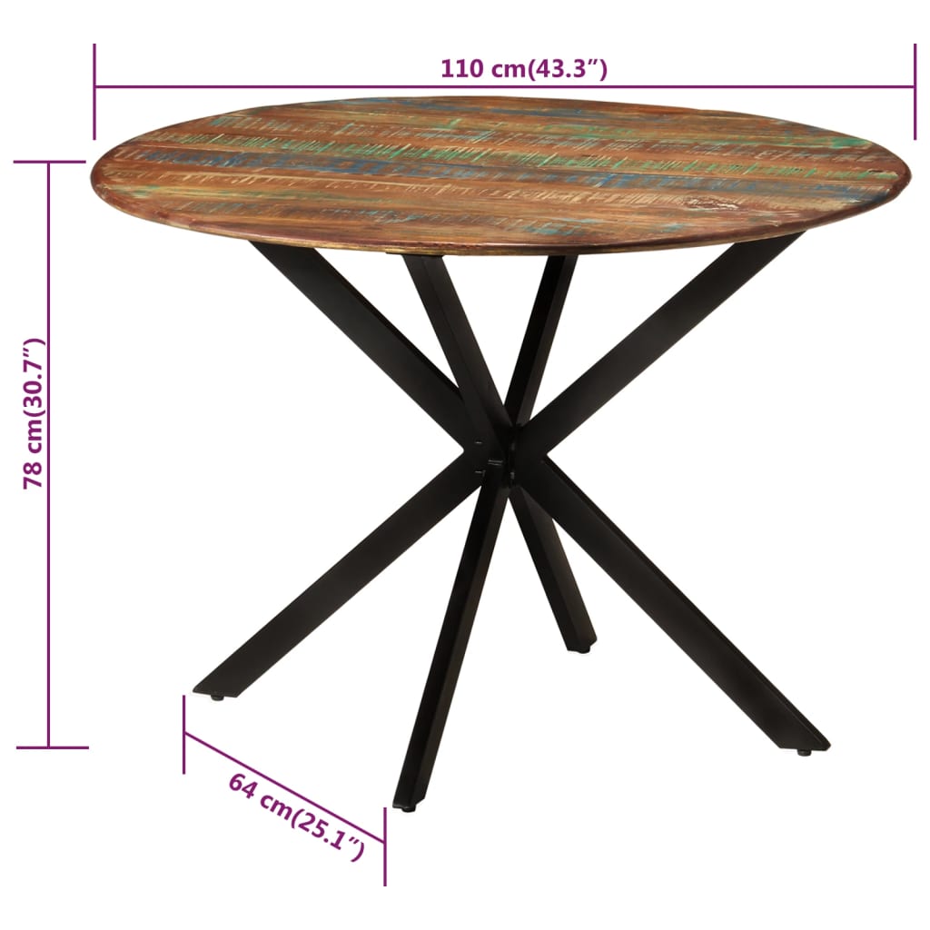Table à manger Ø110x78 cm en bois massif de récupération et acier