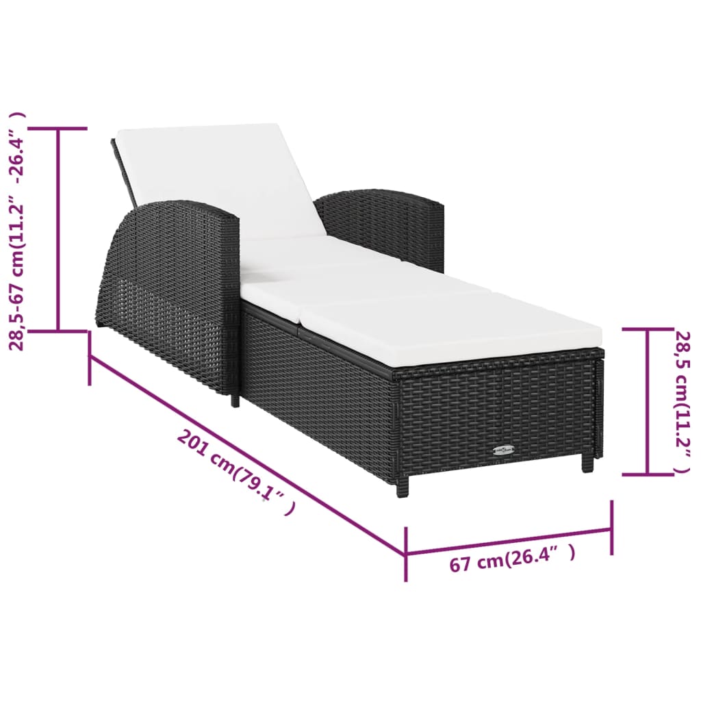 Chaise longue avec coussin blanc crème en résine tressée noire