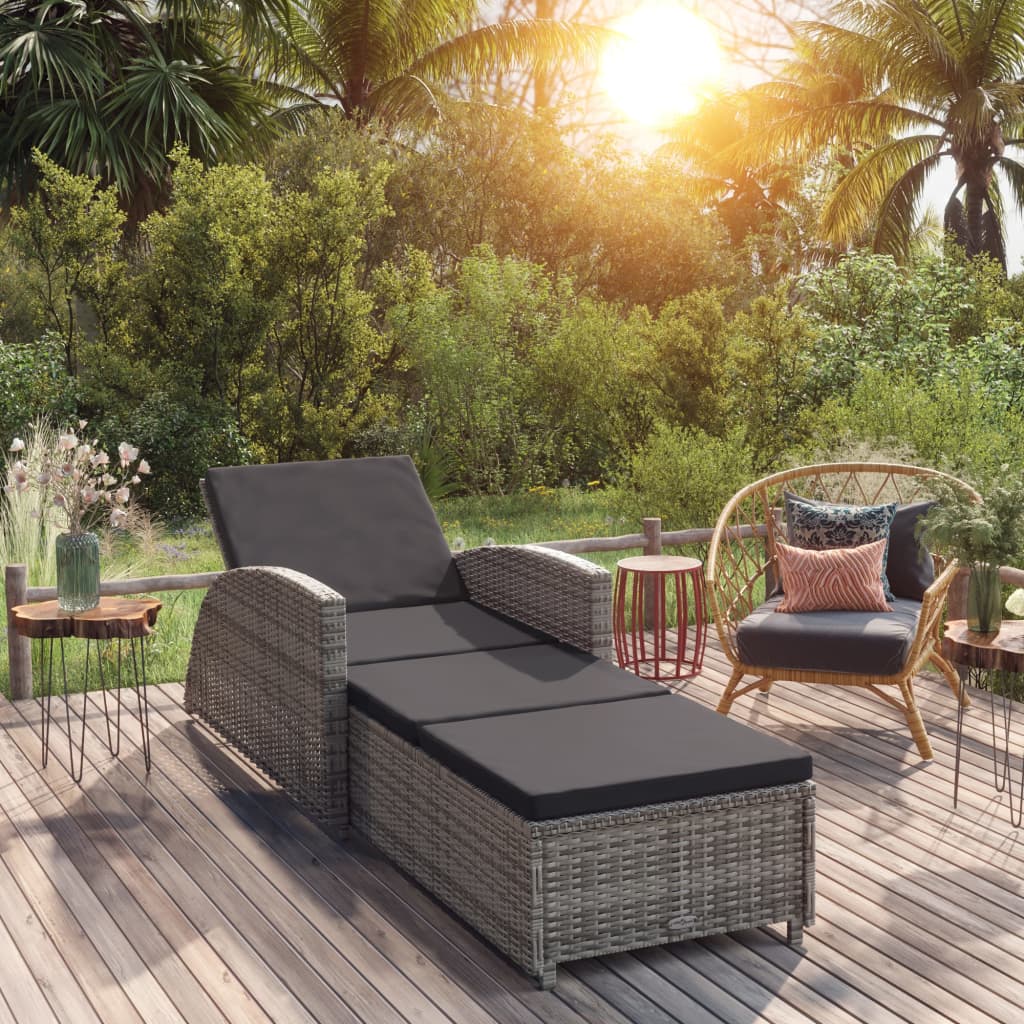 Sun lounger with dark grey cushion poly rattan grey