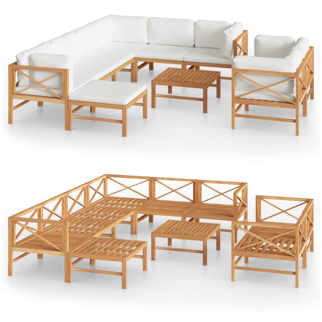 Salon de jardin 10 pièces avec coussins crème, teck massif