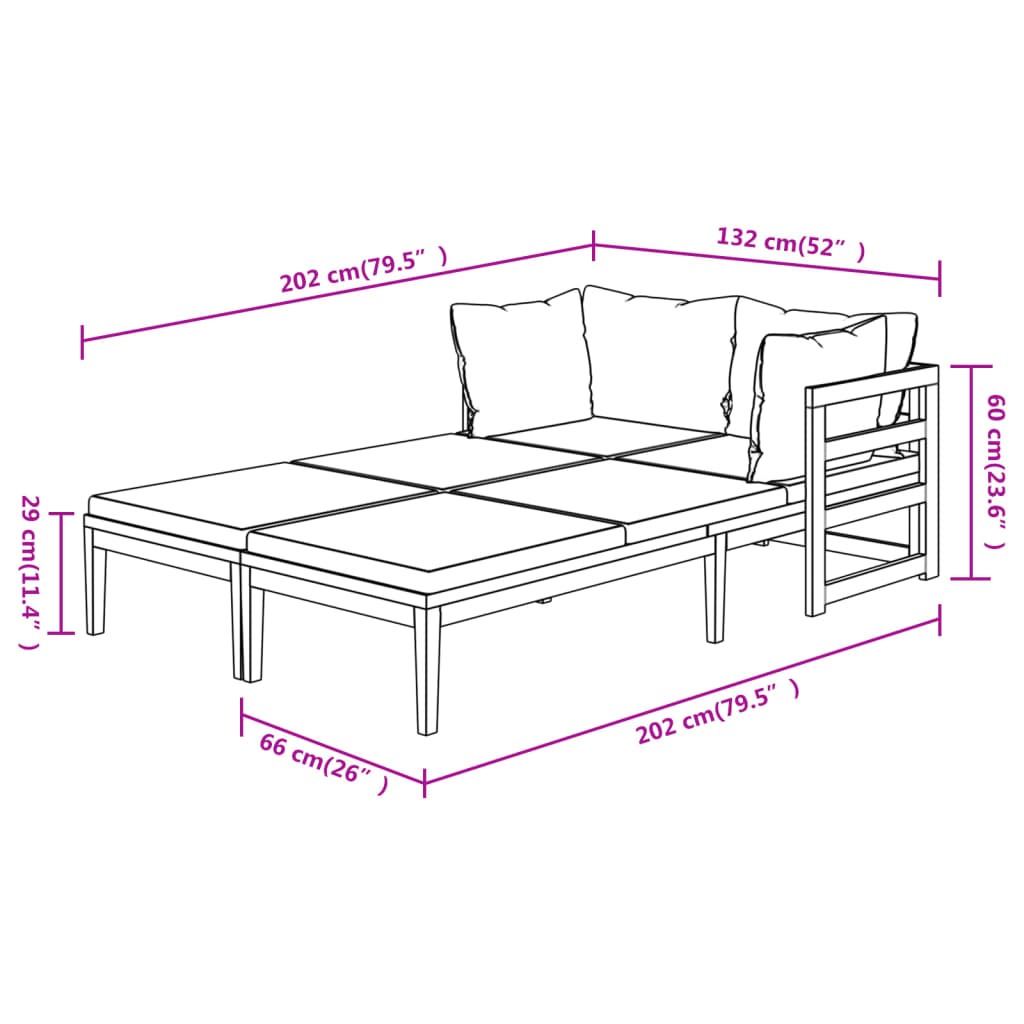Sun loungers with cream-white cushions 2 pcs. Acacia wood