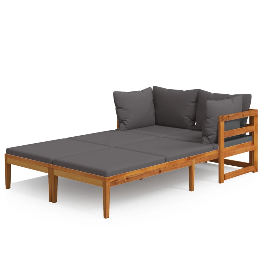 Chaises longues avec coussins gris foncé, 2 pièces, bois d'acacia