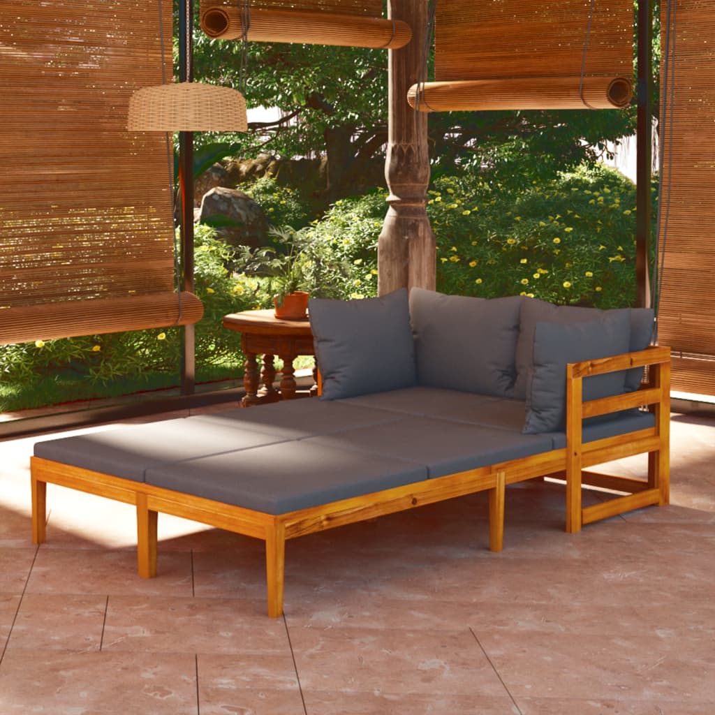 Chaises longues avec coussins gris foncé, 2 pièces, bois d'acacia
