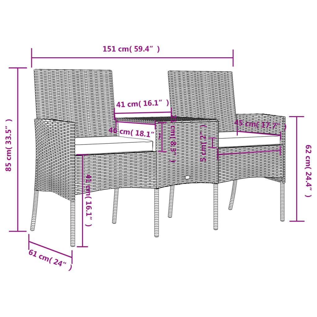 Canapé de jardin 2 places avec table à thé en résine tressée anthracite