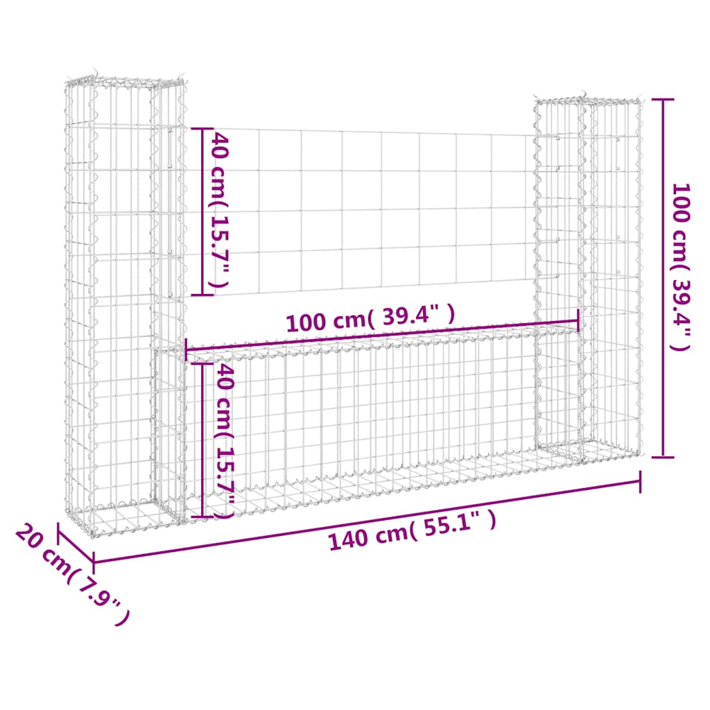 Gabionenkorb U-Form mit 2 Säulen Eisen 140x20x100 cm